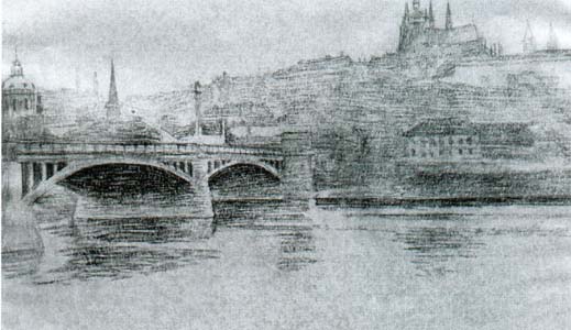 Praga Czeska, ołówek - szkic wykonany podczas wystawy prac Ruzamskiego w Pradze